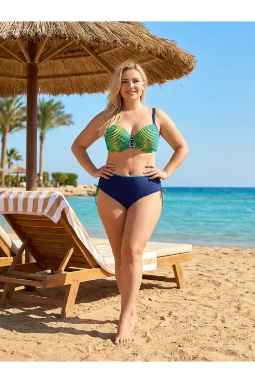 Kadın Lacivert Sarı Desenli Aksesuar Detaylı Bikini Takımı HZL26S-LC713048