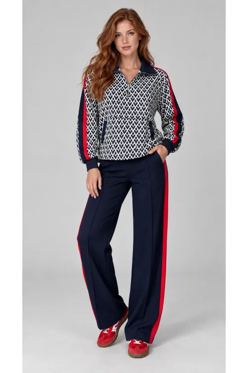 Kadın Lacivert Skuba Kumaş Dijital Desenli Fermuarlı Şerit Detaylı Pantolon İkili Takım HZL28W-MTH126741