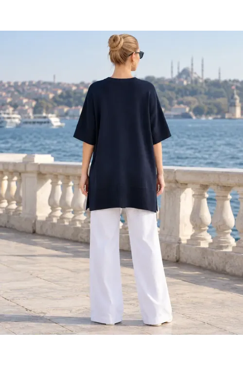 Kadın Lacivert Oversize Yandan Yırtmaçlı Uzun Yumuşak Dokulu Triko Kazak HZL28W-WM3390