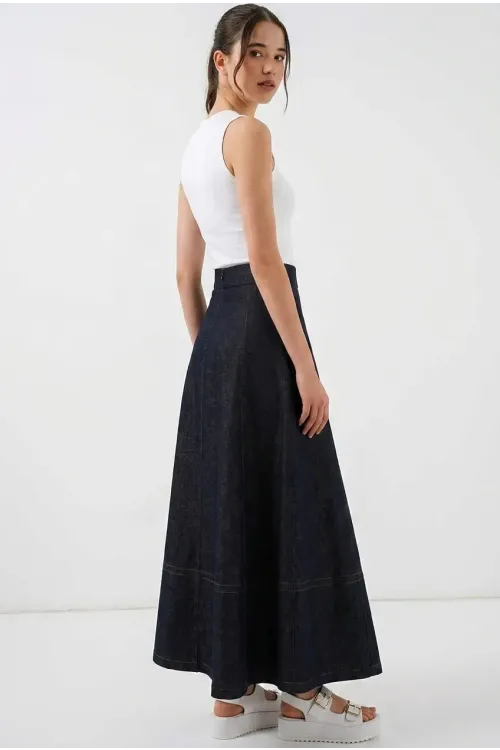 Kadın Lacivert Yüksel Bel Uzun Jean Etek HZL26W-BD180661