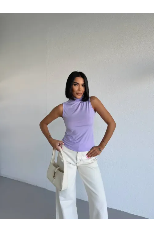 Kadın Lila Balıkçı Yaka Sıfır Kol Sandy Crop Bluz HZL26S-FRY123931
