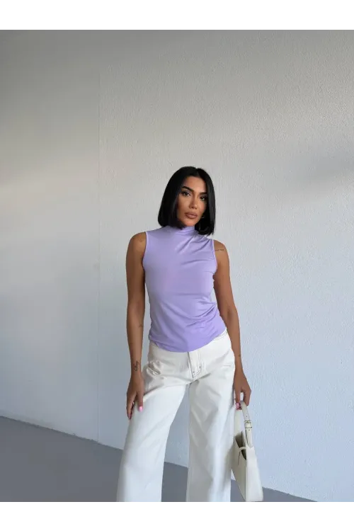 Kadın Lila Balıkçı Yaka Sıfır Kol Sandy Crop Bluz HZL26S-FRY123931