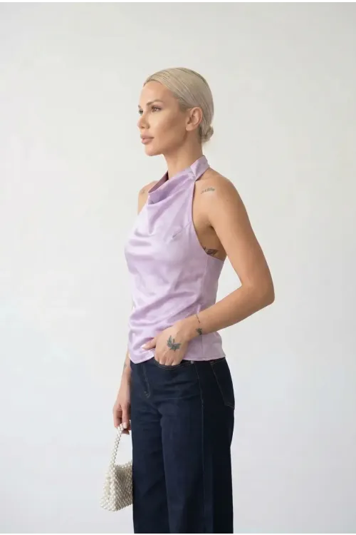 Kadın Lila Halter Yaka Saten Kumaş Sırt Dekolteli Bluz HZL26W-FRY123801