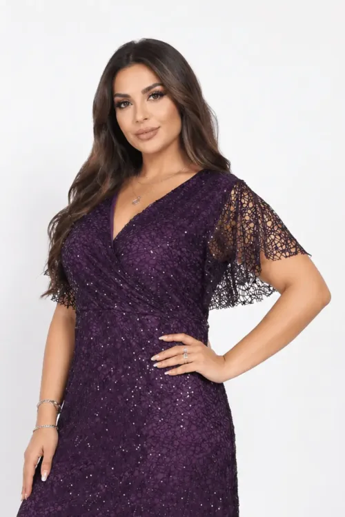 Kadın Mor Büyük Beden Kruvaze Yaka Payetli Abiye Elbise HZL26S-PR11171