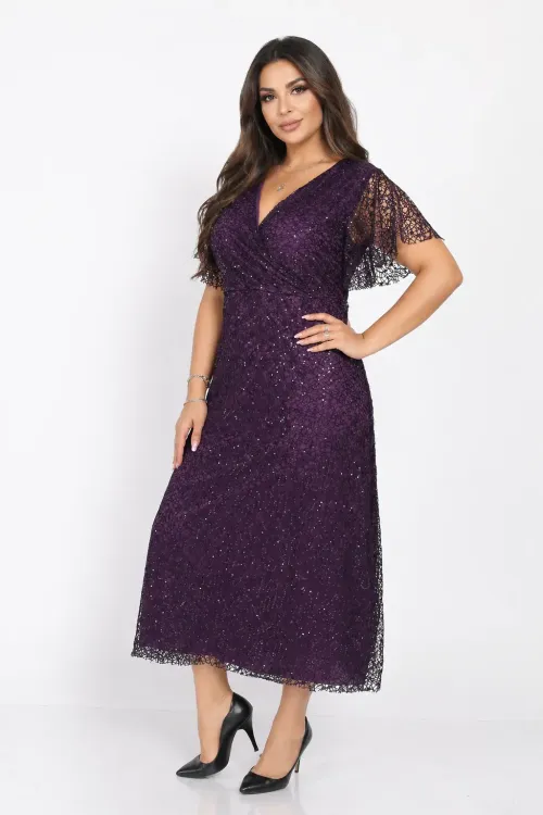 Kadın Mor Büyük Beden Kruvaze Yaka Payetli Abiye Elbise HZL26S-PR11171