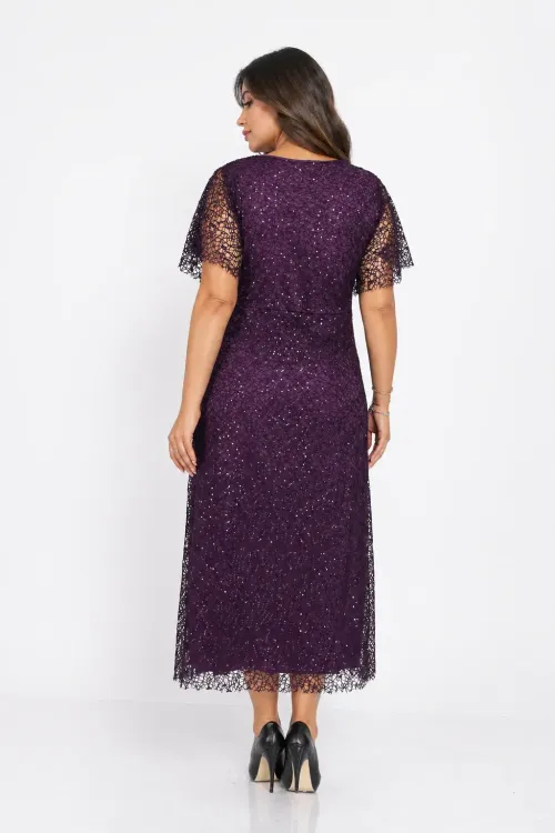 Kadın Mor Büyük Beden Kruvaze Yaka Payetli Abiye Elbise HZL26S-PR11171