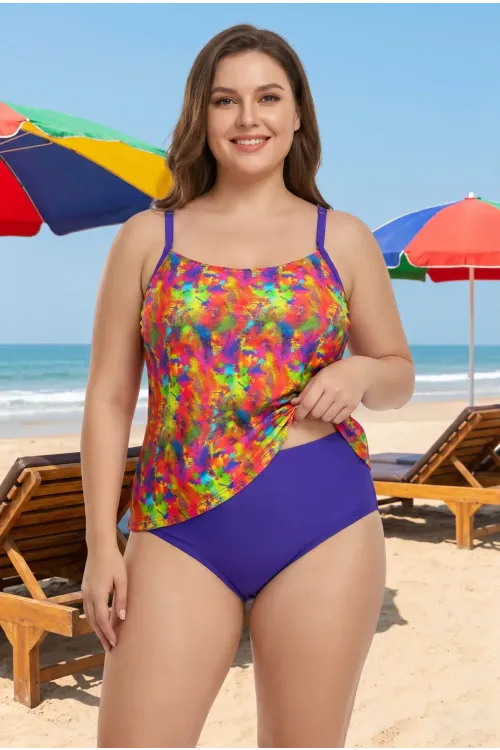 Kadın Mor Sulu Boya Desenli Yüksek Bel Toparlayıcı Altlı Büyük Beden Slipli Tankini HZL26S-LC2031