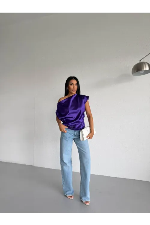 Kadın Mor Tek Omuz Asimetrik Kesim Saten Bluz HZL26W-FRY121171