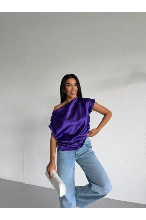 Kadın Mor Tek Omuz Asimetrik Kesim Saten Bluz HZL26W-FRY121171