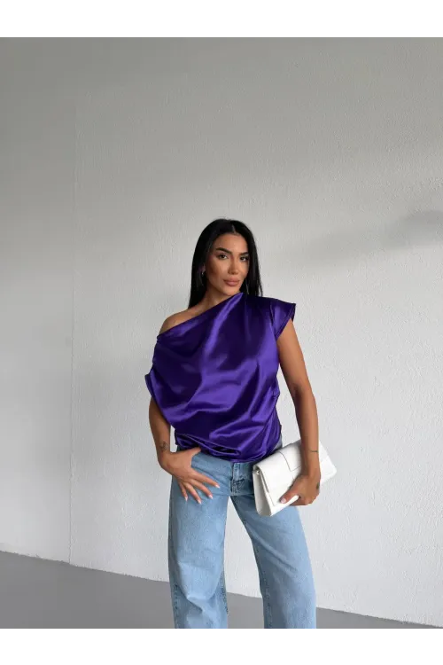 Kadın Mor Tek Omuz Asimetrik Kesim Saten Bluz HZL26W-FRY121171