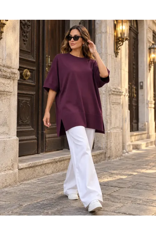 Kadın Mürdüm Oversize Yandan Yırtmaçlı Uzun Yumuşak Dokulu Triko Kazak HZL28W-WM3390