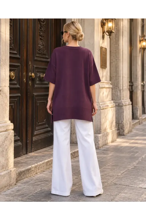 Kadın Mürdüm Oversize Yandan Yırtmaçlı Uzun Yumuşak Dokulu Triko Kazak HZL28W-WM3390