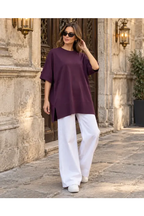 Kadın Mürdüm Oversize Yandan Yırtmaçlı Uzun Yumuşak Dokulu Triko Kazak HZL28W-WM3390