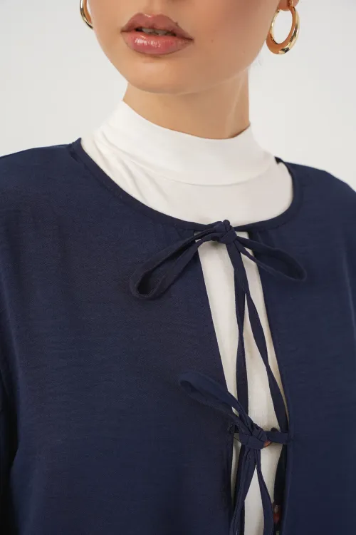 Kadın Önü Bağcıklı Tunik Pantolon İkili Takım 6744 - Lacivert