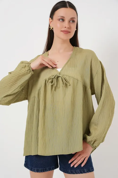 Kadın Önü Bağcıklı Uzun Kol Bluz 946 - Çağla