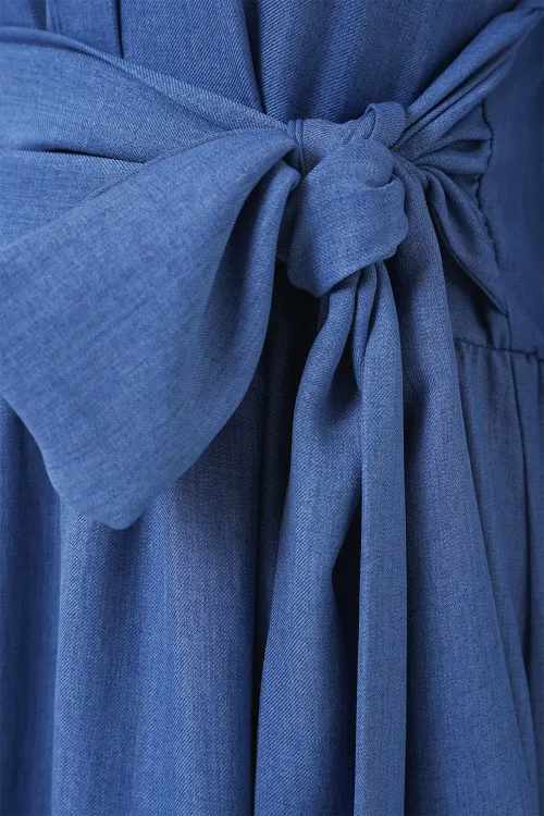 Kadın Önü Bağlamalı Keten Elbise 2574 - İndigo