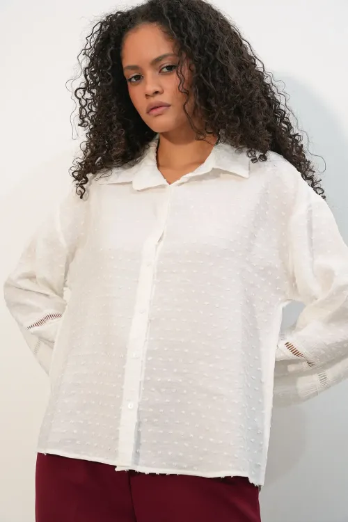 Kadın Oversize Desenli Gömlek 20379 - Beyaz