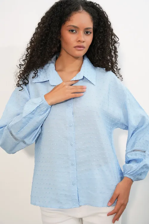Kadın Oversize Desenli Gömlek 20379 - Mavi