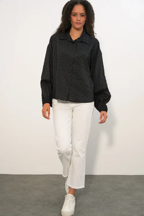 Kadın Oversize Desenli Gömlek 20379 - Siyah