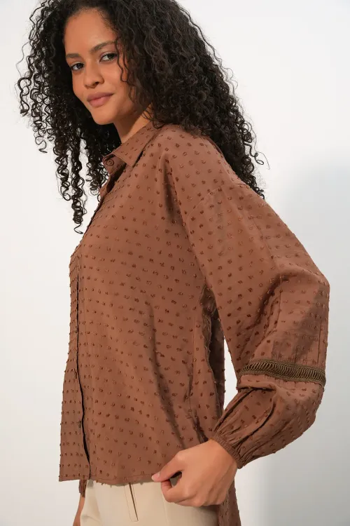 Kadın Oversize Desenli Gömlek 20379 - Taba