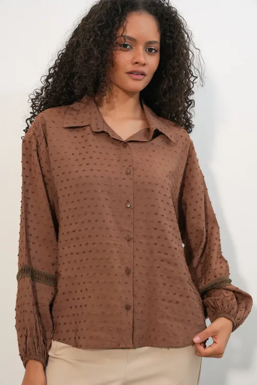 Kadın Oversize Desenli Gömlek 20379 - Taba