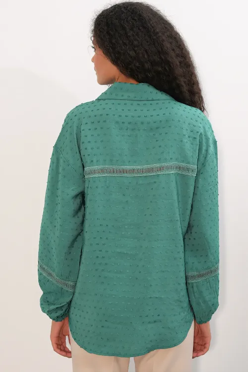Kadın Oversize Desenli Gömlek 20379 - Zümrüt Yeşili