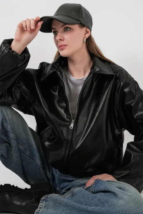 Kadın Oversize Suni Deri Ceket 1049 - Siyah