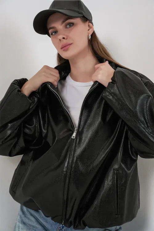 Kadın Oversize Suni Deri Ceket 1049 - Siyah