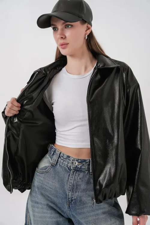 Kadın Oversize Suni Deri Ceket 1049 - Siyah