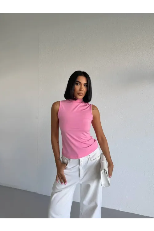 Kadın Pembe Balıkçı Yaka Sıfır Kol Sandy Crop Bluz HZL26S-FRY123931