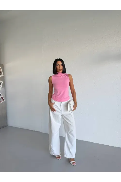 Kadın Pembe Balıkçı Yaka Sıfır Kol Sandy Crop Bluz HZL26S-FRY123931