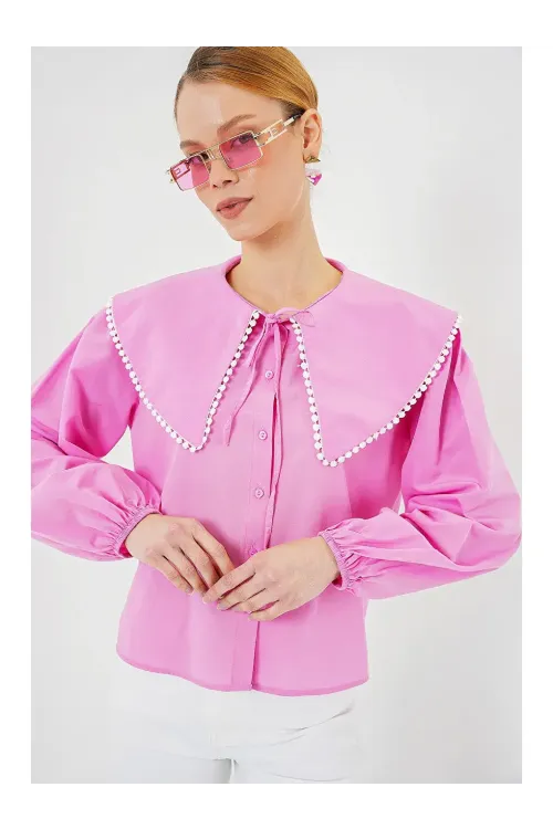 Kadın Pembe Bebe Yaka Düğmeli Şık Günlük Gömlek HZL26S-BD1203141
