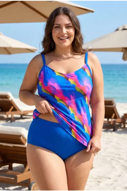 Kadın Saks Mavi Pembe Desenli Yüksek Bel Toparlayıcı Altlı Büyük Beden Slipli Tankini HZL26S-LC2031