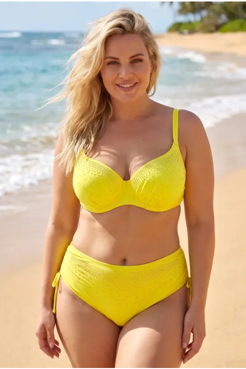 Kadın Sarı Büyük Beden Taş İşlemeli Astarlı Bikini Takım HZL25S-LC2099