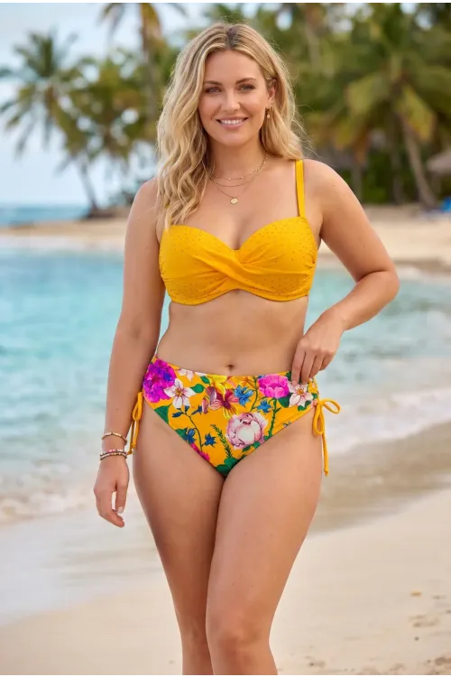 Kadın Sarı Taş İşlemeli Çiçek Desenli Büyük Beden Bikini Takım HZL25S-LC3368