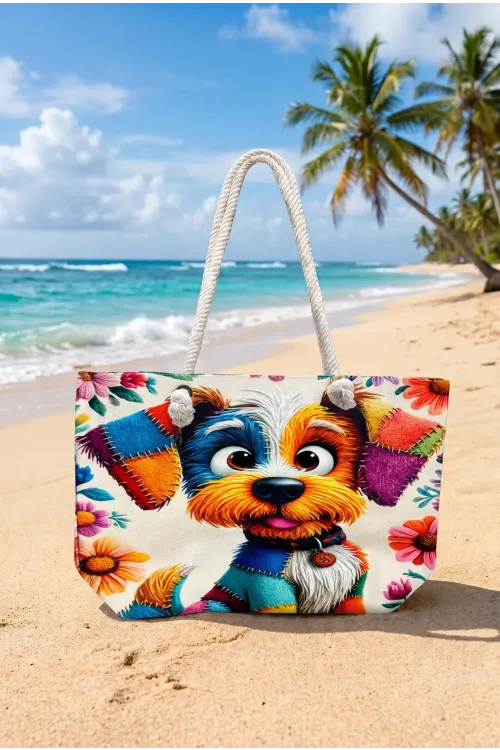 Kadın Sevimli Renkli Köpek Desenli Büyük Boy Plaj Çantası HZL26S-TT01