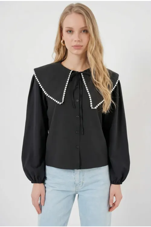 Kadın Siyah Bebe Yaka Düğmeli Şık Günlük Gömlek HZL26S-BD1203141