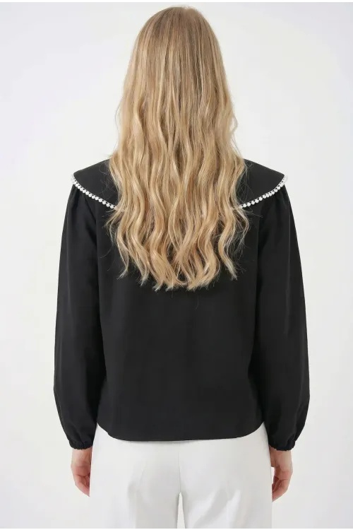 Kadın Siyah Bebe Yaka Düğmeli Şık Günlük Gömlek HZL26S-BD1203141