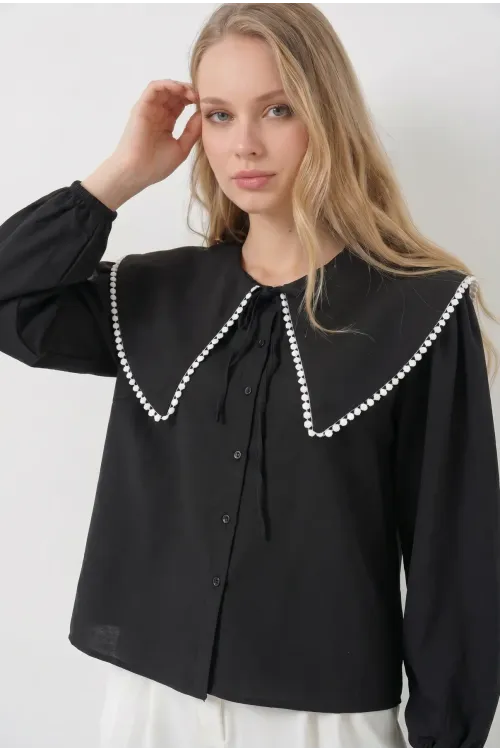 Kadın Siyah Bebe Yaka Düğmeli Şık Günlük Gömlek HZL26S-BD1203141