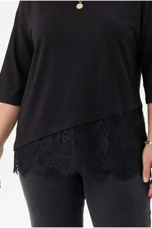 Kadın Siyah Büyük Beden Bisiklet Yaka Tül Detaylı Yarım Kol T-Shirt HZL26S-ZSS19521