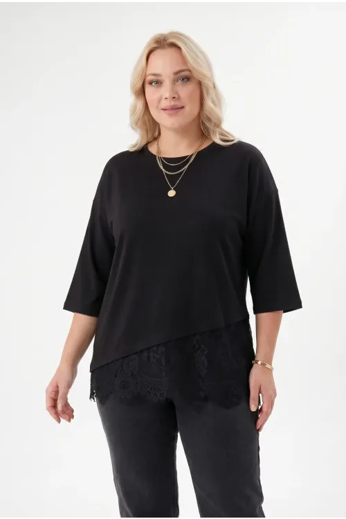 Kadın Siyah Büyük Beden Bisiklet Yaka Tül Detaylı Yarım Kol T-Shirt HZL26S-ZSS19521