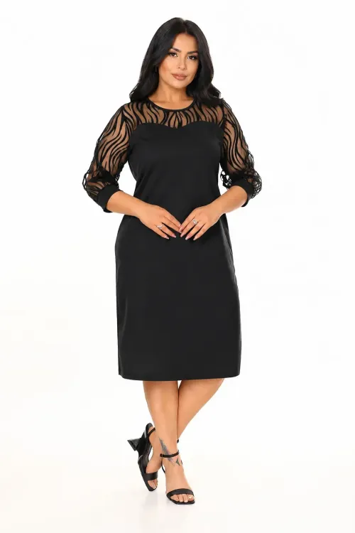 Kadın Siyah Büyük Beden Flok Kol Elbise HZL26S-PR11161