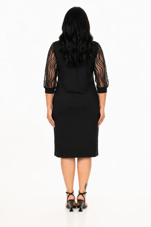 Kadın Siyah Büyük Beden Flok Kol Elbise HZL26S-PR11161