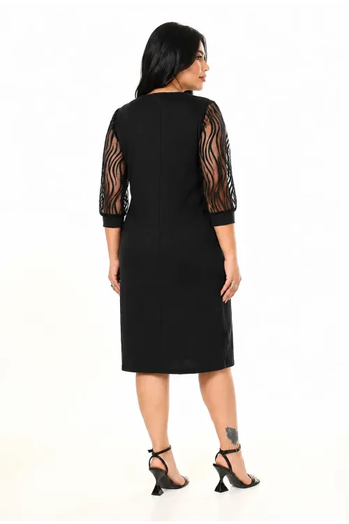 Kadın Siyah Büyük Beden Flok Kol Elbise HZL26S-PR11161