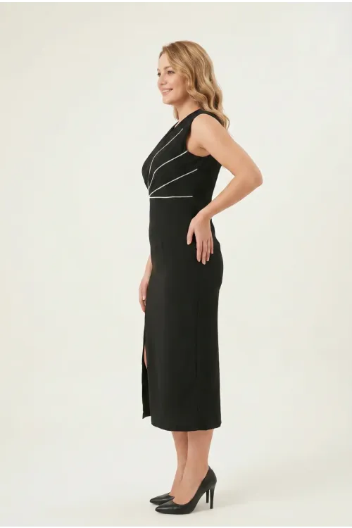 Kadın Siyah Büyük Beden Gümüş Taş İşlemeli Yırtmaç Detay Abiye Elbise HZL26W-PR10051