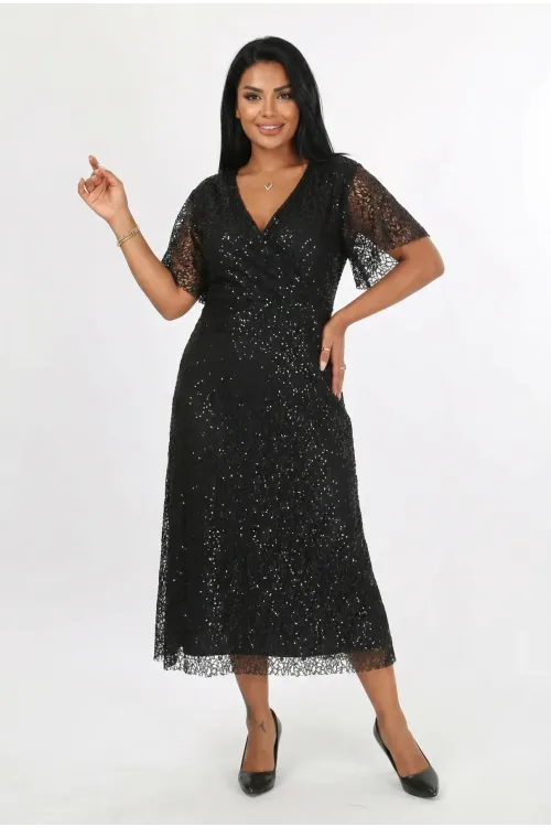 Kadın Siyah Büyük Beden Kruvaze Yaka Payetli Abiye Elbise HZL26S-PR11171