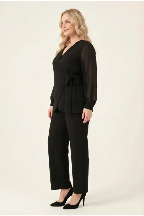 Kadın Siyah Büyük Beden Şifon Kol Pantolon Bluz Abiye Takım HZL26W-PR10081