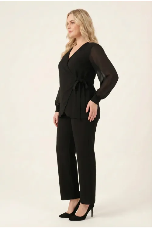 Kadın Siyah Büyük Beden Şifon Kol Pantolon Bluz Abiye Takım HZL26W-PR10081