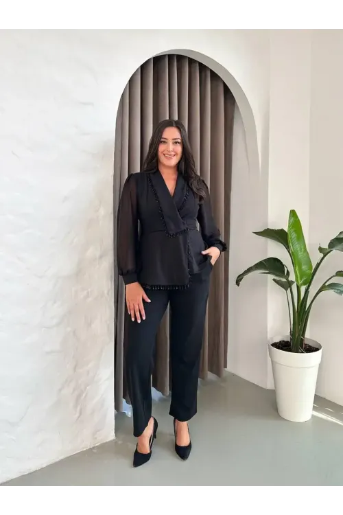 Kadın Siyah Büyük Beden Taş İşlemeli Şifon Kol Alt Üst Abiye Takım HZL26S-PR10151