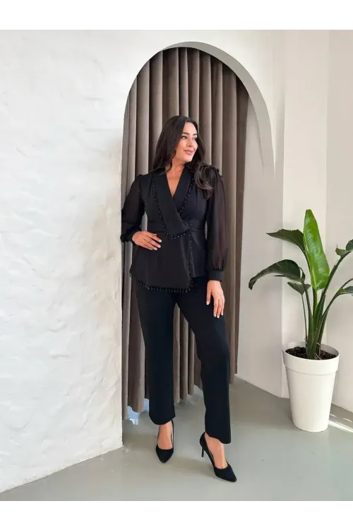 Kadın Siyah Büyük Beden Taş İşlemeli Şifon Kol Alt Üst Abiye Takım HZL26S-PR10151